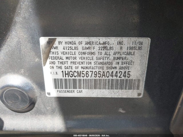2005 Honda Accord 2.4 Ex მანქანა იყიდება აუქციონზე, vin: 1HGCM56795A044245, აუქციონის ნომერი: 45316849