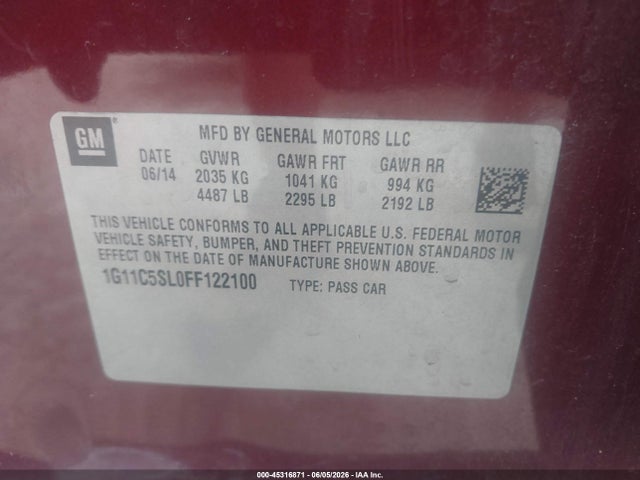 Aukcja sprzedaży 2015 Chevrolet Malibu 1lt, vin: 1G11C5SL0FF122100, numer aukcji: 45316871