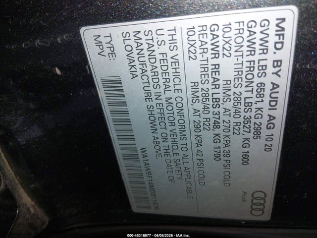 WA1AWBF14MD011476 Audi Sq8 Premium Plus Tfsi Quattro Tiptronic