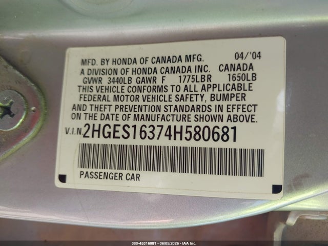 Aukcja sprzedaży 2004 Honda Civic Vp, vin: 2HGES16374H580681, numer aukcji: 45316881