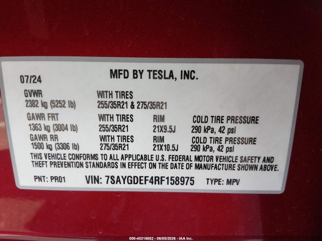 45316882 :رقم المزاد ، 7SAYGDEF4RF158975 vin ، 2024 Tesla Model Y Performance Dual Motor All-wheel Drive مزاد بيع