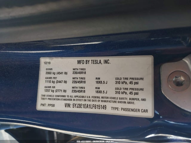Продажа на аукционе авто 2020 Tesla Model 3, vin: 5YJ3E1EA1LF615149, номер лота: 45316891