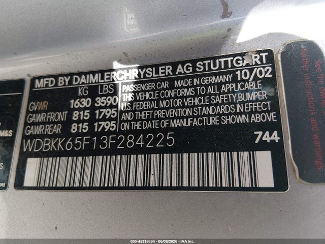 Продаж на аукціоні авто 2003 Mercedes-benz Slk 320, vin: WDBKK65F13F284225, номер лоту: 45316894