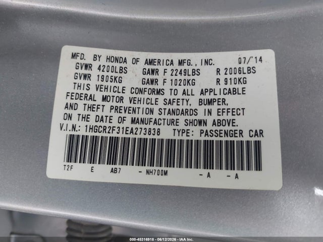 Honda ACCORD LX 2014 1HGCR2F31EA273838 Image 9
