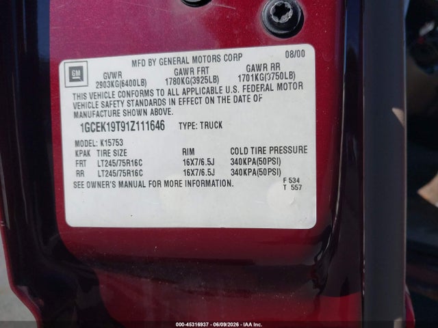 Продажа на аукционе авто 2001 Chevrolet Silverado 1500 Ls, vin: 1GCEK19T91Z111646, номер лота: 45316937