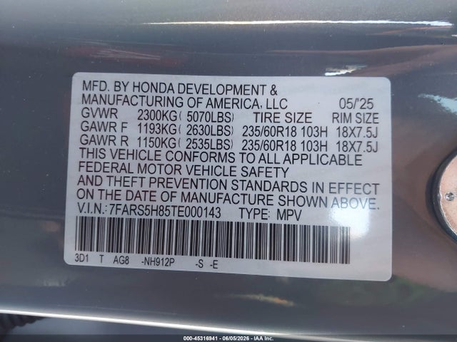 7FARS5H85TE000143 Honda Cr-v Hybrid 2wd Sport-l
