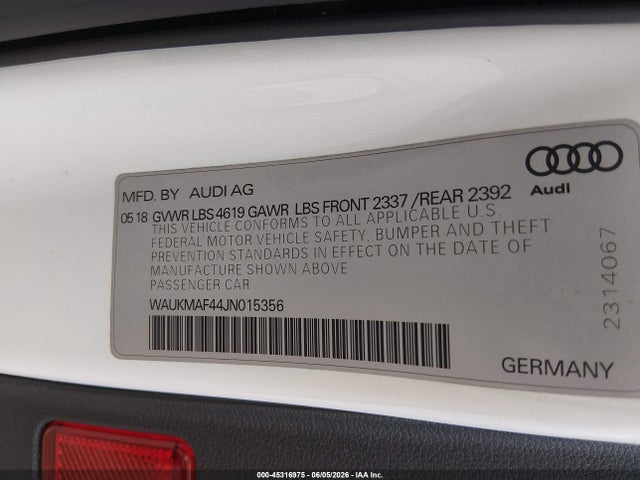 Aukcja sprzedaży 2018 Audi A4 2.0t Tech Ultra Premium/2.0t Ultra Premium, vin: WAUKMAF44JN015356, numer aukcji: 45316975