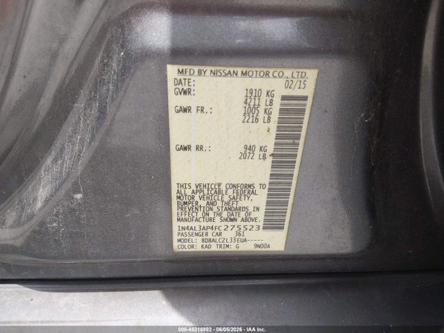 1N4AL3AP4FC275523 Nissan Altima 2.5/2.5 S/2.5 Sl/2.5 Sv