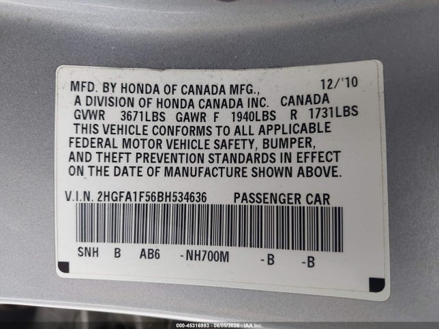 Продажа на аукционе авто 2011 Honda Civic Lx, vin: 2HGFA1F56BH534636, номер лота: 45316993