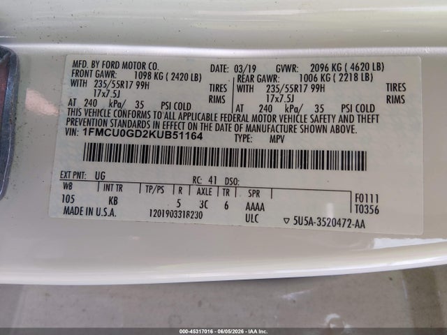 Продажа на аукционе авто 2019 Ford Escape Se, vin: 1FMCU0GD2KUB51164, номер лота: 45317016