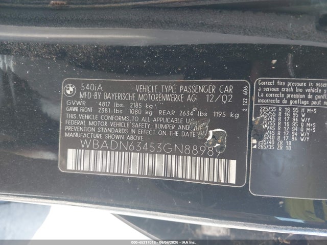 Продаж на аукціоні авто 2003 Bmw 540ia, vin: WBADN63453GN88989, номер лоту: 45317018