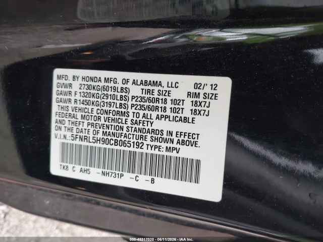 Aukcja sprzedaży 2012 Honda Odyssey Touring/touring Elite, vin: 5FNRL5H90CB065192, numer aukcji: 45317020
