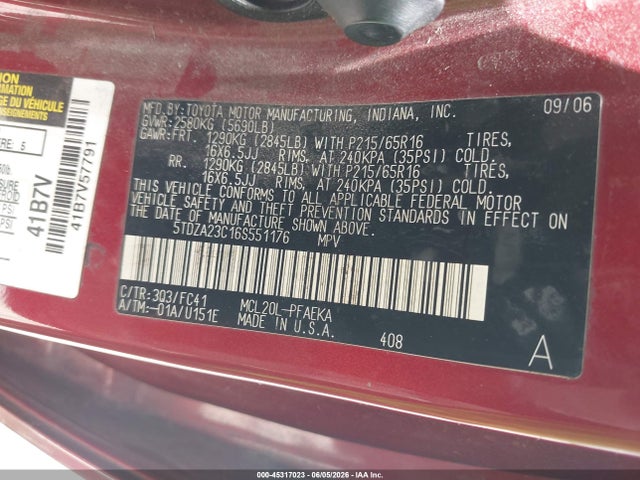 45317023 :رقم المزاد ، 5TDZA23C16S551176 vin ، 2006 Toyota Sienna Le مزاد بيع