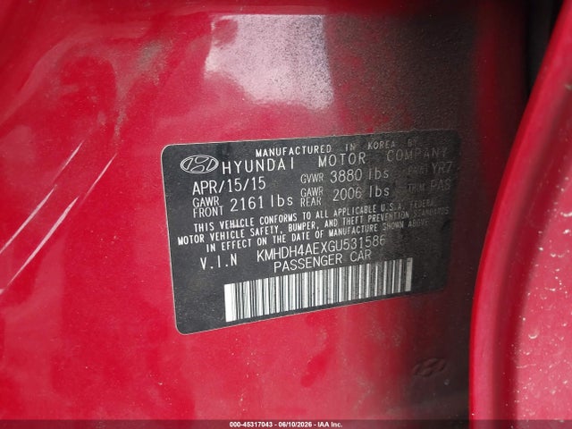 Продажа на аукционе авто 2016 Hyundai Elantra Se, vin: KMHDH4AEXGU531586, номер лота: 45317043