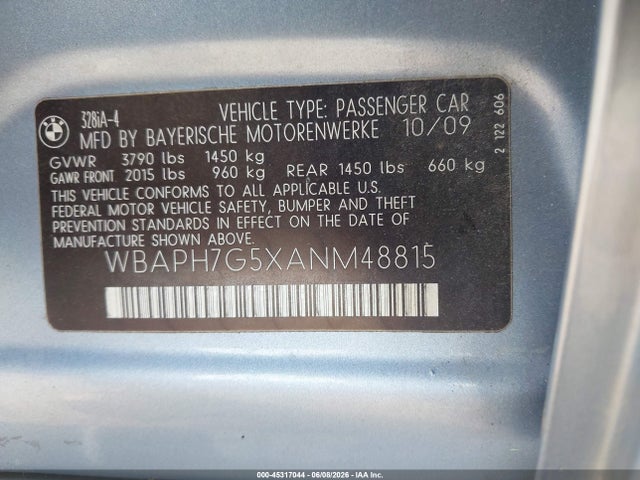 45317044 :رقم المزاد ، WBAPH7G5XANM48815 vin ، 2010 Bmw 328i مزاد بيع