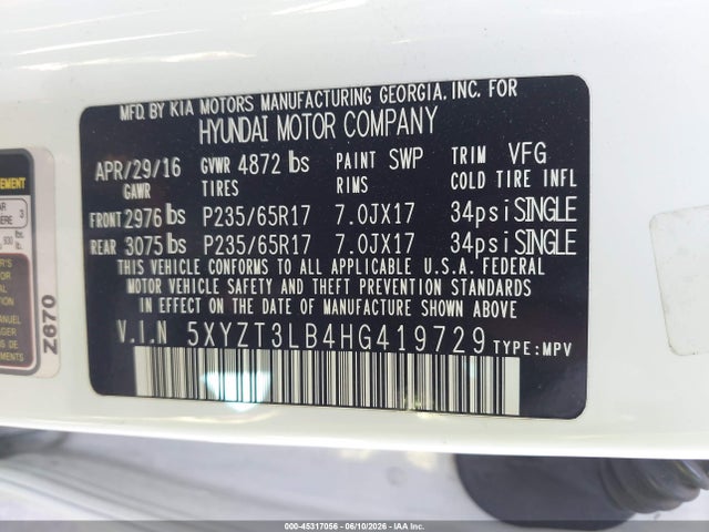 Продаж на аукціоні авто 2017 Hyundai Santa Fe Sport 2.4l, vin: 5XYZT3LB4HG419729, номер лоту: 45317056