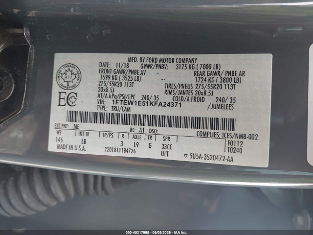 Aukcja sprzedaży 2019 Ford F-150 Lariat, vin: 1FTEW1E51KFA24371, numer aukcji: 45317055