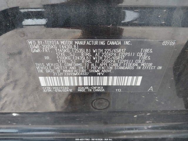 Aukcja sprzedaży 2009 Toyota Rav4, vin: 2T3ZF33V49W004687, numer aukcji: 45317063