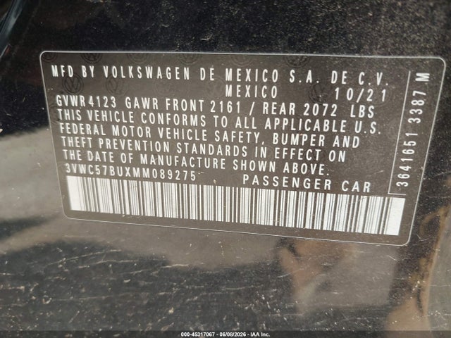 45317067 :رقم المزاد ، 3VWC57BUXMM089275 vin ، 2021 Volkswagen Jetta مزاد بيع