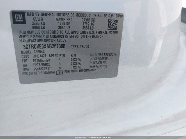 45317071 :رقم المزاد ، 3GTRCVE0XAG267308 vin ، 2010 Gmc Sierra 1500 Sle مزاد بيع