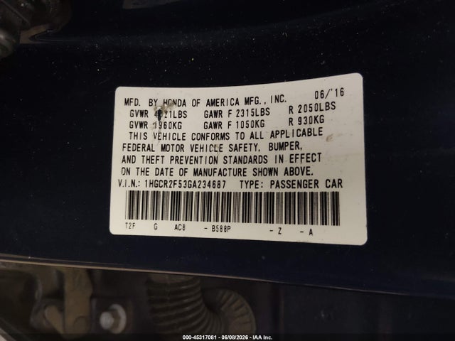 1HGCR2F53GA234687 Honda Accord Sport