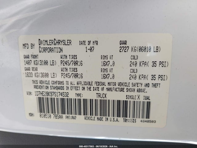 45317083 :رقم المزاد ، 1D7HE28K97S174532 vin ، 2007 Dodge Dakota St مزاد بيع
