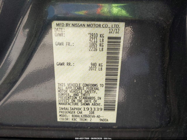 Aukcja sprzedaży 2013 Nissan Altima 2.5 Sl, vin: 1N4AL3APXDC193339, numer aukcji: 45317089