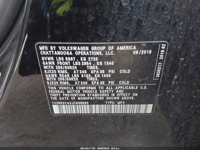 1V2RR2CA2JC596983 Volkswagen Atlas 3.6l V6 Sel