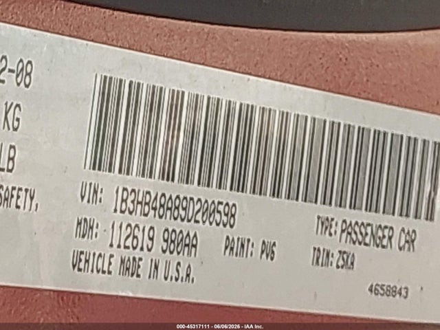 45317111 :رقم المزاد ، 1B3HB48A89D200598 vin ، 2009 Dodge Caliber Sxt مزاد بيع