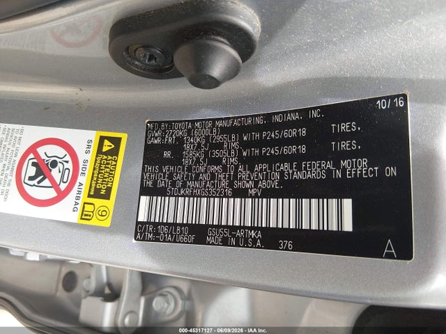 Продаж на аукціоні авто 2016 Toyota Highlander Xle V6, vin: 5TDJKRFHXGS352316, номер лоту: 45317127