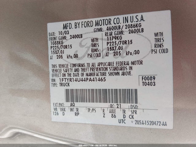 Aukcja sprzedaży 2004 Ford Ranger Edge/tremor/xl/xlt, vin: 1FTYR14U44PA41465, numer aukcji: 45317136