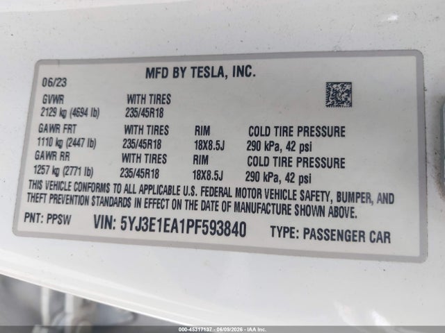 Aukcja sprzedaży 2023 Tesla Model 3 Rear-wheel Drive, vin: 5YJ3E1EA1PF593840, numer aukcji: 45317137