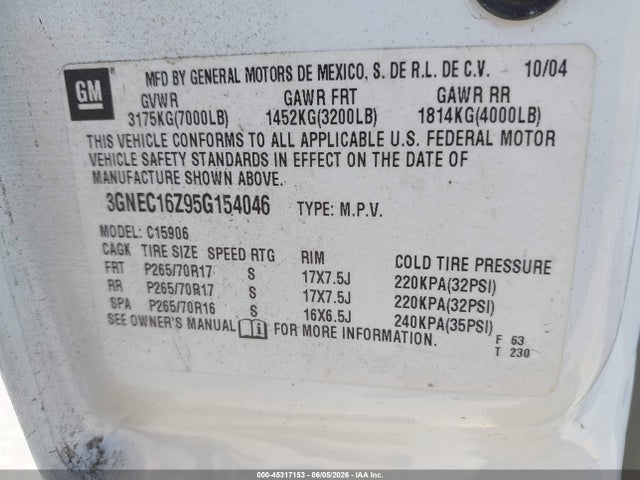 Aukcja sprzedaży 2005 Chevrolet Suburban 1500 Lt, vin: 3GNEC16Z95G154046, numer aukcji: 45317153