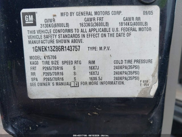 2006 Chevrolet Tahoe Ls მანქანა იყიდება აუქციონზე, vin: 1GNEK13Z86R143757, აუქციონის ნომერი: 45317186