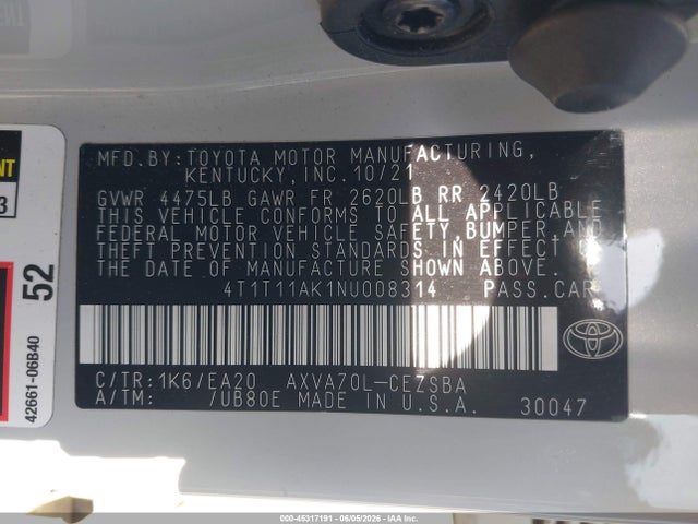 2022 Toyota Camry Se მანქანა იყიდება აუქციონზე, vin: 4T1T11AK1NU008314, აუქციონის ნომერი: 45317191