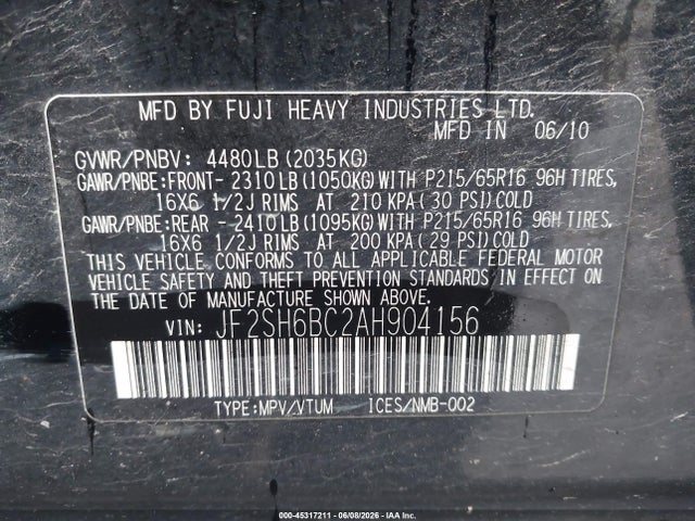 Aukcja sprzedaży 2010 Subaru Forester 2.5x, vin: JF2SH6BC2AH904156, numer aukcji: 45317211