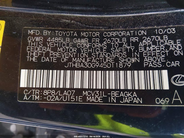 45317214 :رقم المزاد ، JTHBA30G945011879 vin ، 2004 Lexus Es 330 مزاد بيع