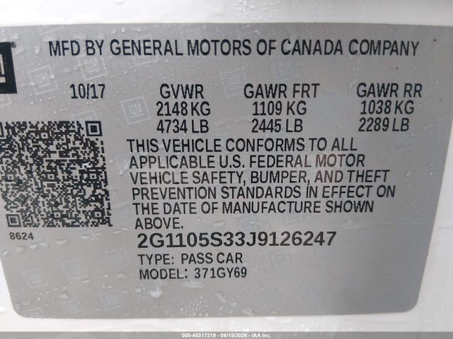 Auction sale of the 2018 Chevrolet Impala 1lt, vin: 2G1105S33J9126247, lot number: 45317219