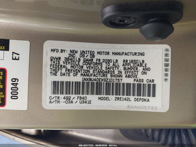 45317222 :رقم المزاد ، 1NXBU40EX9Z101757 vin ، 2009 Toyota Corolla Le مزاد بيع