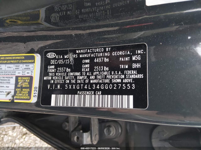 Aukcja sprzedaży 2016 Kia Optima Lx, vin: 5XXGT4L34GG027553, numer aukcji: 45317223
