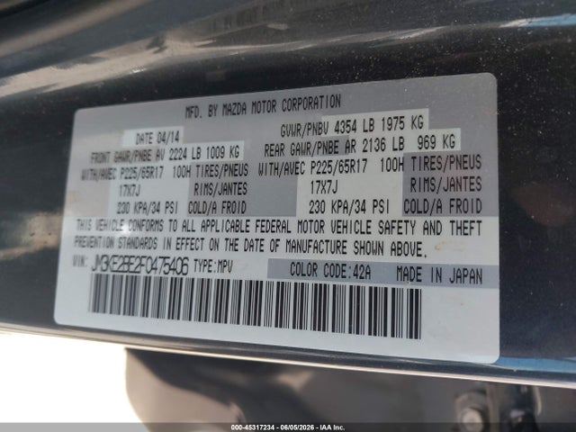 45317234 :رقم المزاد ، JM3KE2BE2F0475406 vin ، 2015 Mazda Cx-5 Sport مزاد بيع