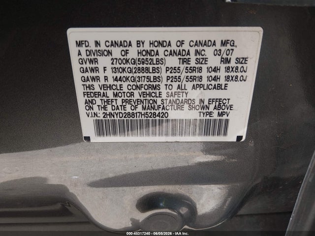 Продажа на аукционе авто 2007 Acura Mdx Sport Package, vin: 2HNYD28817H528420, номер лота: 45317240