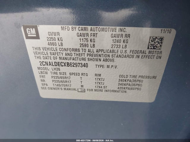 Aukcja sprzedaży 2011 Chevrolet Equinox 1lt, vin: 2CNALDECXB6297340, numer aukcji: 45317296