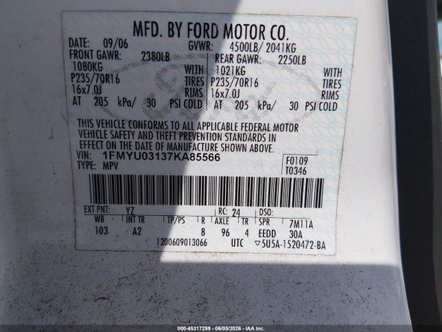 Aukcja sprzedaży 2007 Ford Escape Xlt/xlt Sport, vin: 1FMYU03137KA85566, numer aukcji: 45317299