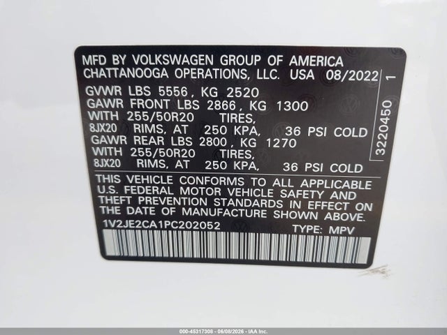1V2JE2CA1PC202052 Volkswagen Atlas Cross Sport 3.6l V6 Se W/technology