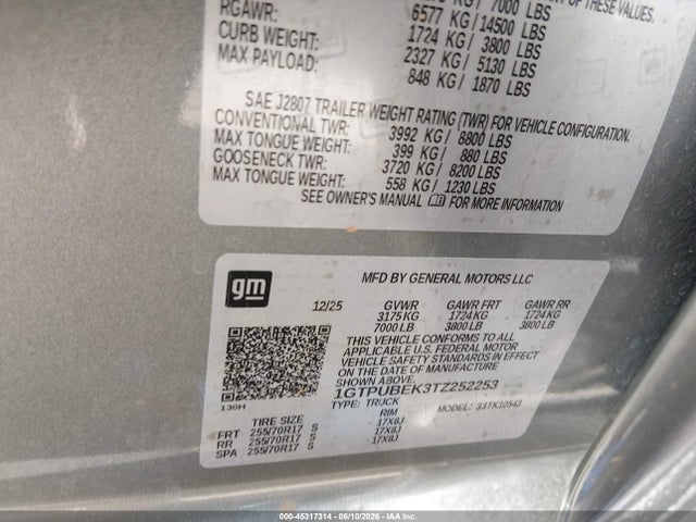 Продажа на аукционе авто 2026 Gmc Sierra 1500 , Short Bed, Sle, 4wd, vin: 1GTPUBEK3TZ252253, номер лота: 45317314