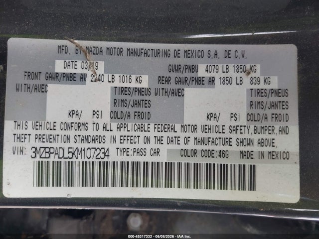 Aukcja sprzedaży 2019 Mazda Mazda3 Preferred Package, vin: 3MZBPADL5KM107234, numer aukcji: 45317332