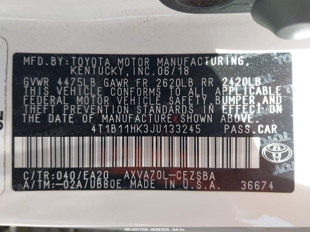 Aukcja sprzedaży 2018 Toyota Camry Se, vin: 4T1B11HK3JU133245, numer aukcji: 45317338