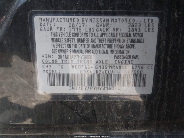 Auction sale of the 2017 Nissan Sentra Sv, vin: 3N1AB7AP7HY398041, lot number: 45317357