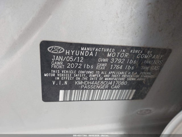 Aukcja sprzedaży 2012 Hyundai Elantra Gls (ulsan Plant), vin: KMHDH4AE8CU417080, numer aukcji: 45317364